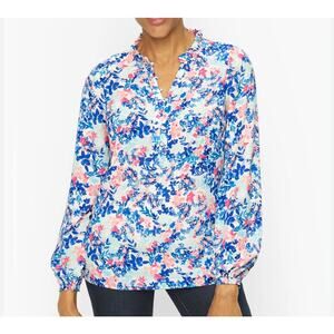 Talbots Women's Top Small Petite Ruffle Trim Popover Leafy Garden Floral Blue